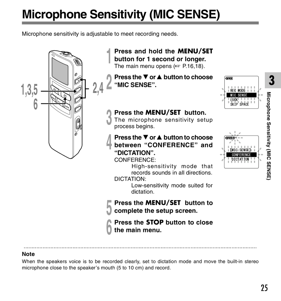 Canon DS-2 manual Microphone Sensitivity MIC Sense, Low-sensitivity mode suited for dictation 