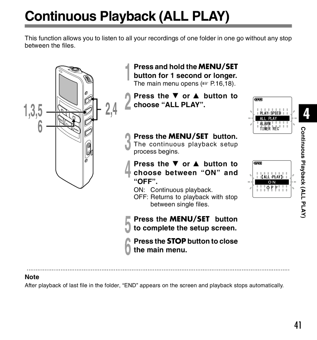 Canon DS-2 manual Continuous Playback ALL Play, choose ALL Play, Press the 3 or 2 button to choose between on and OFF 