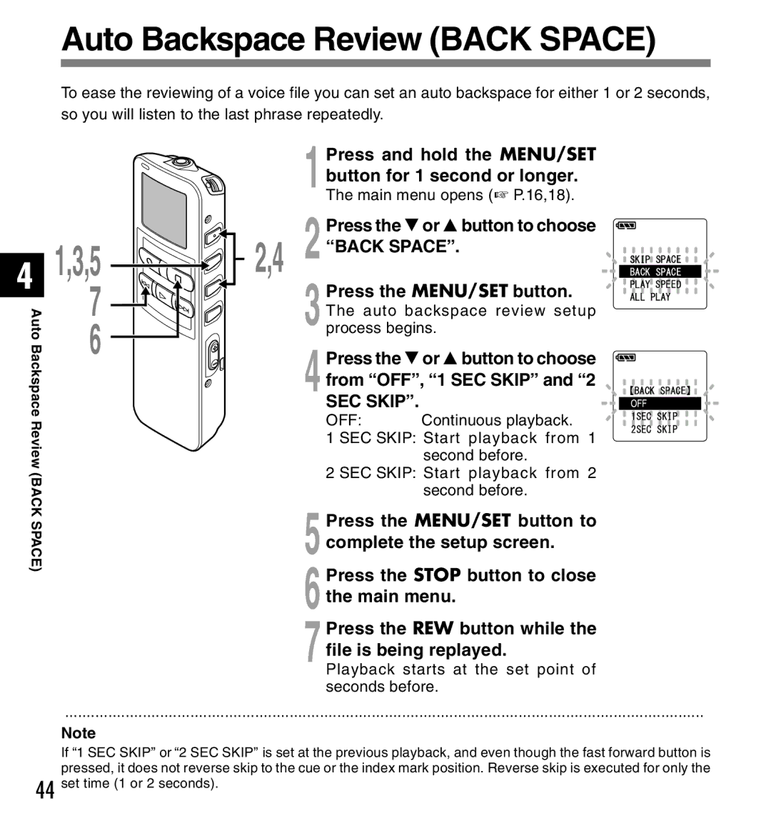 Canon DS-2 manual Auto Backspace Review Back Space, 2Press the MENU/SET button, 5complete the setup screen 