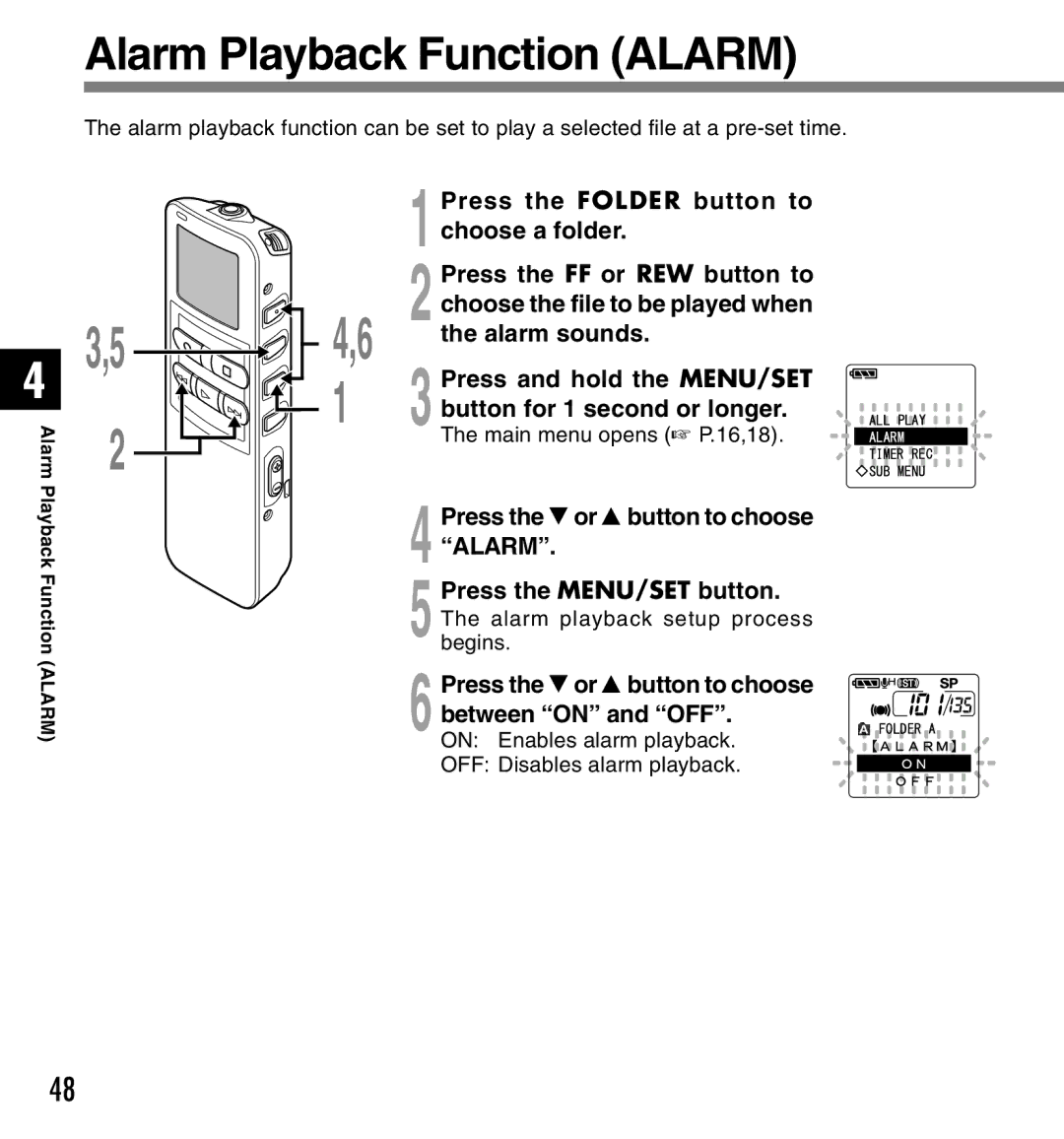 Canon DS-2 manual Alarm Playback Function Alarm, Choose a folder, Alarm sounds, Press the 3or 2button to choose Alarm 