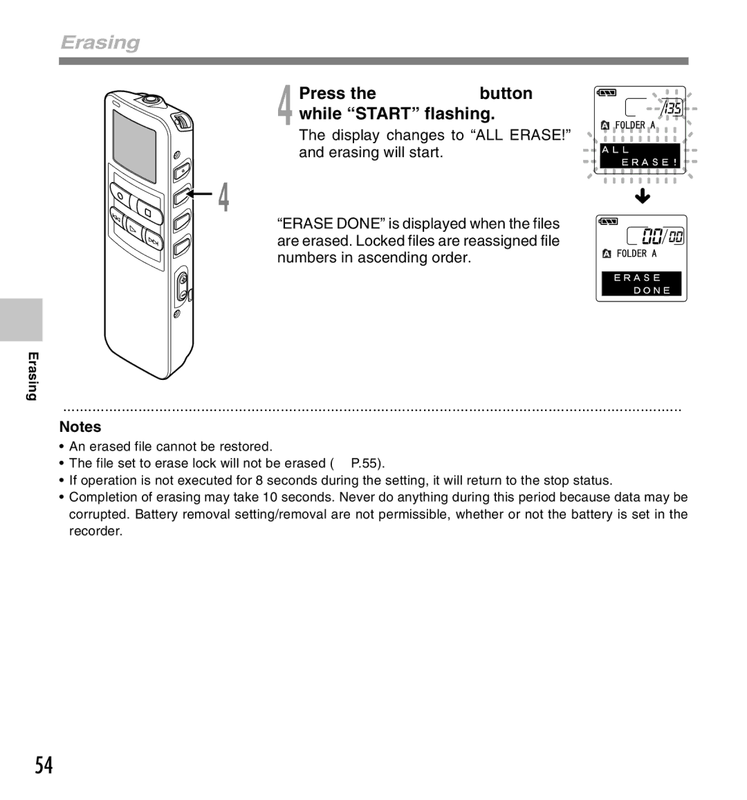 Canon DS-2 manual Display changes to ALL Erase, Erasing will start 