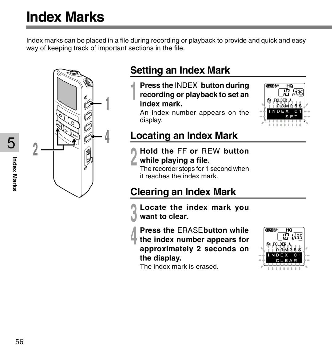 Canon DS-2 manual Index Marks, Setting an Index Mark, Locating an Index Mark, Clearing an Index Mark 