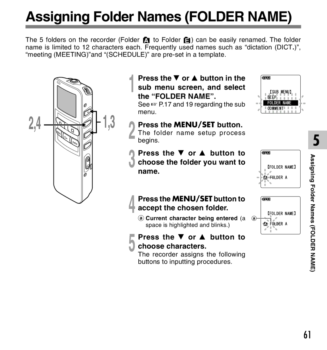 Canon DS-2 manual Folder Name, Press the 3 or 2 button to choose characters 