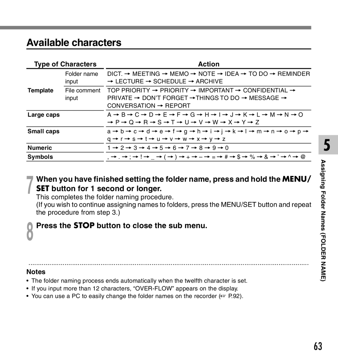 Canon DS-2 manual Available characters, Type of Characters Action 