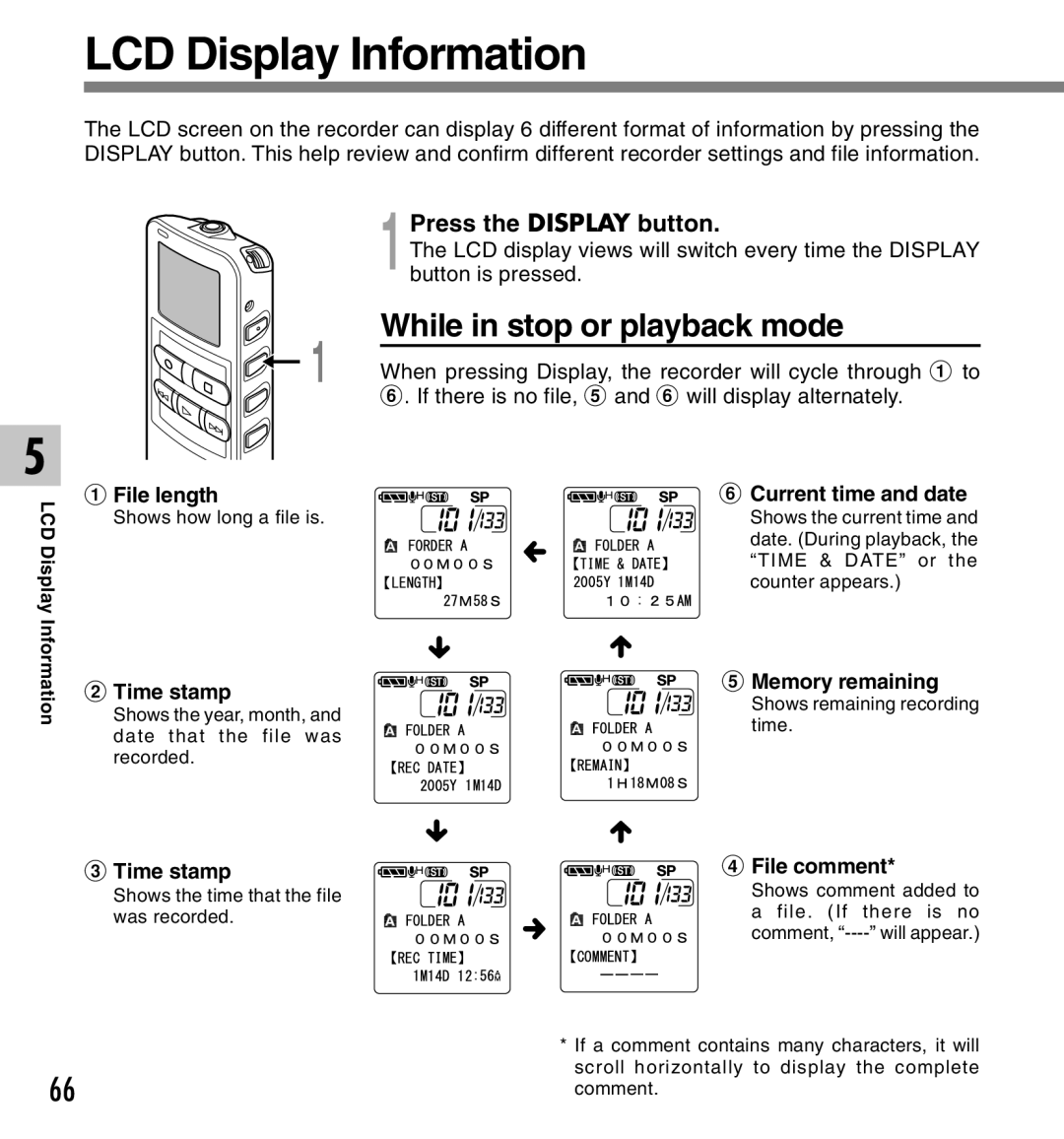 Canon DS-2 manual LCD Display Information, While in stop or playback mode, Press the Display button 