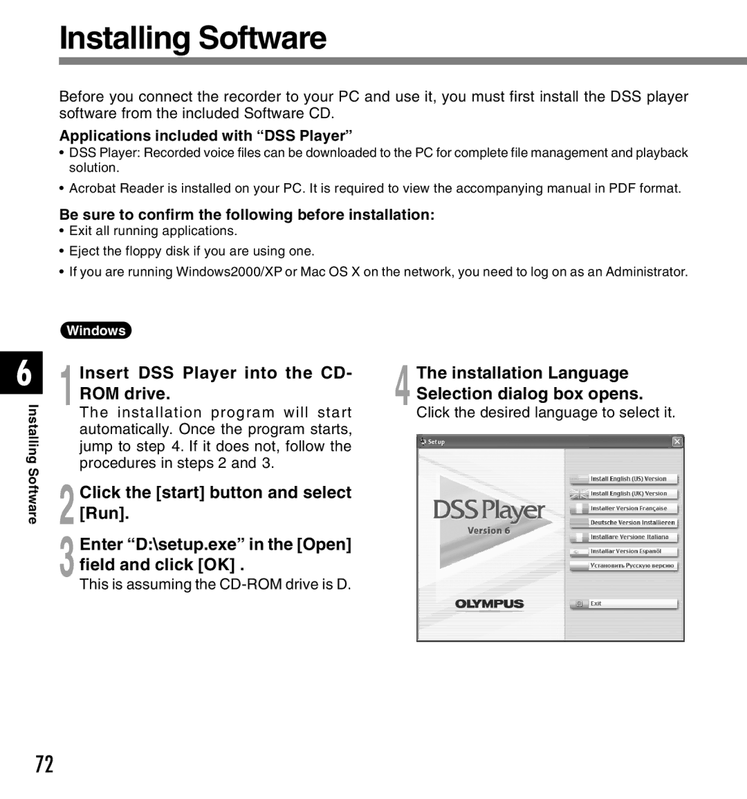 Canon DS-2 manual Installing Software, 1Insert DSS Player into the CD- ROM drive, Applications included with DSS Player 