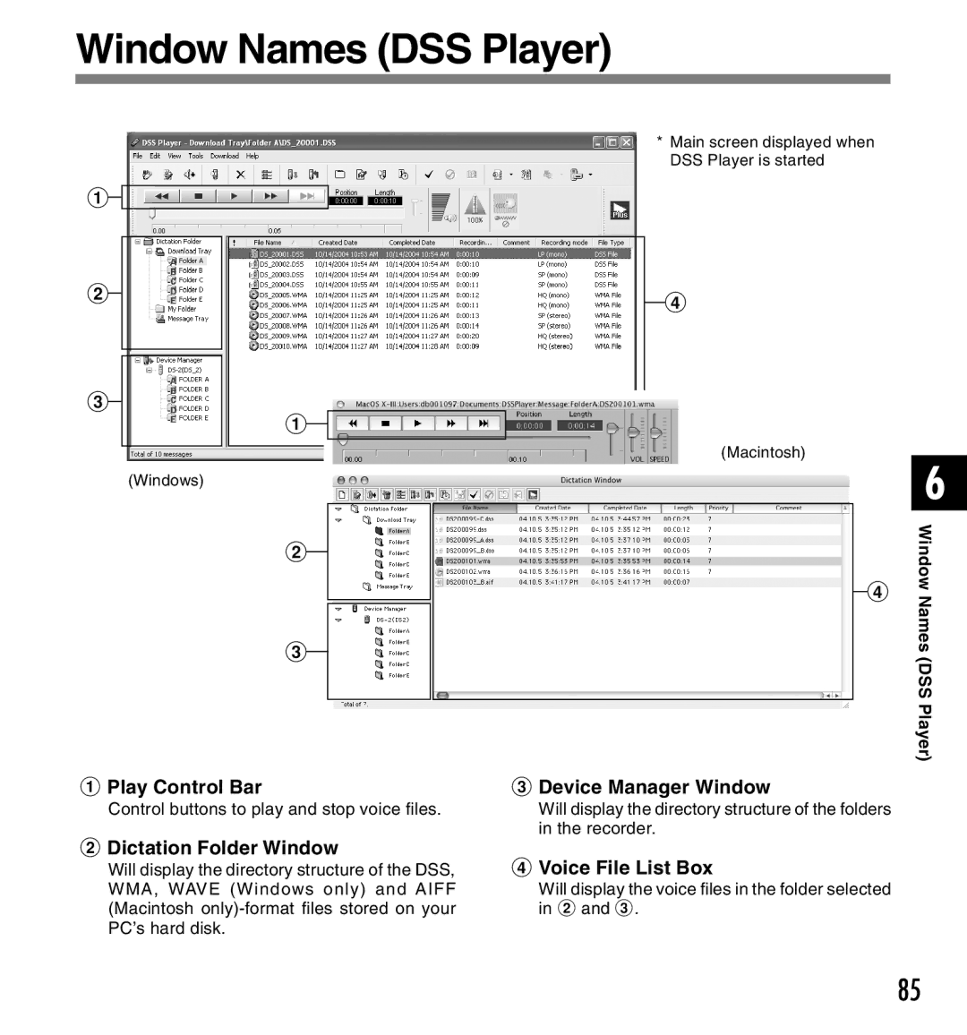 Canon DS-2 Window Names DSS Player, Play Control Bar, Dictation Folder Window, Device Manager Window, Voice File List Box 