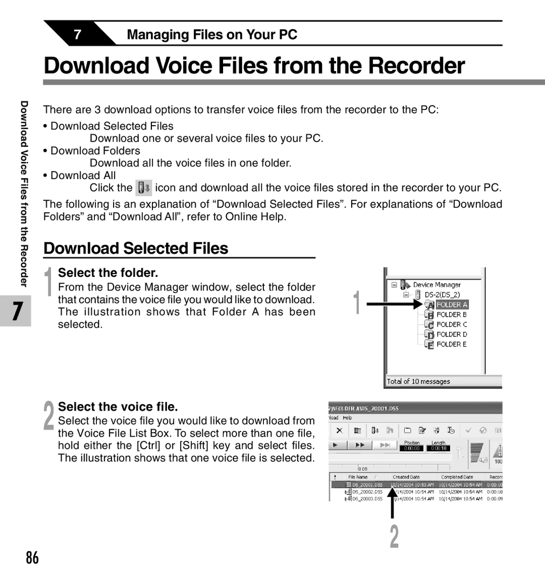 Canon DS-2 Download Voice Files from the Recorder, Download Selected Files, 1Select the folder, 2Select the voice file 