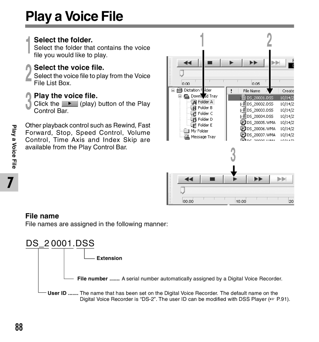 Canon DS-2 manual Play a Voice File, Select the folder, Select the voice file, Play the voice file, File name 