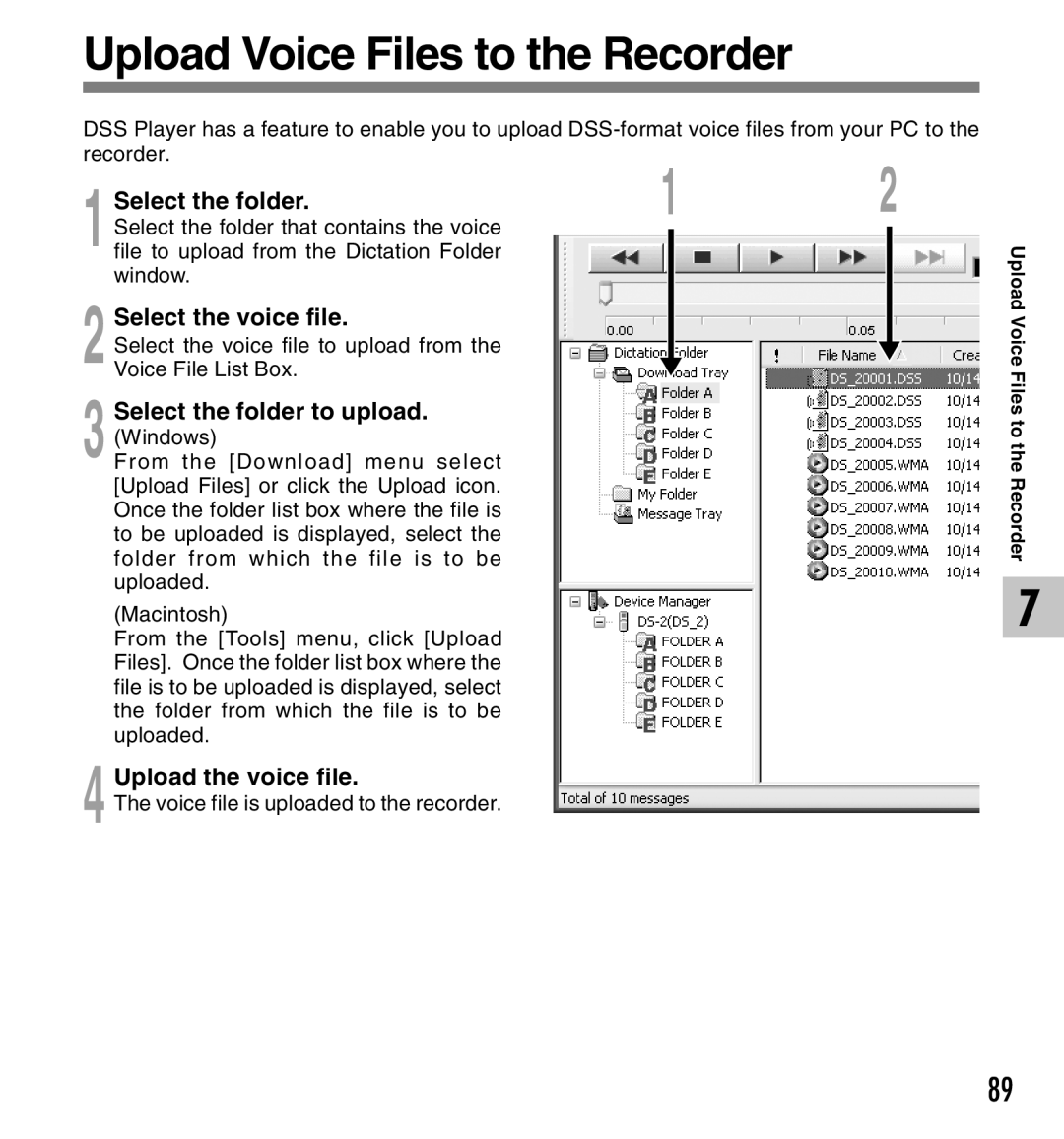 Canon DS-2 manual Upload Voice Files to the Recorder, Select the folder to upload, Upload the voice file 