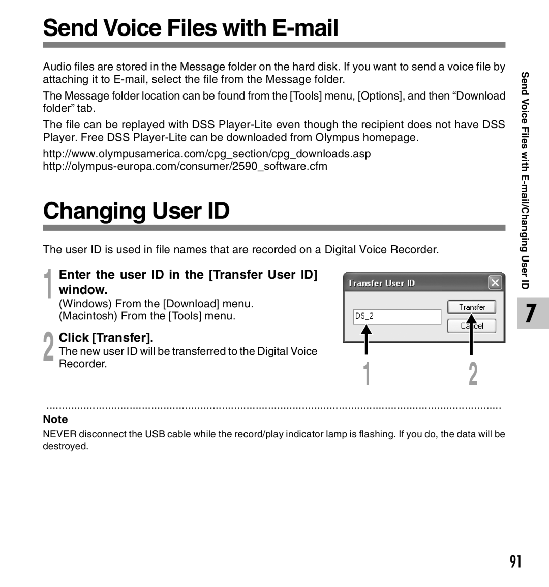 Canon DS-2 manual Send Voice Files with E-mail, Changing User ID, Enter the user ID in the Transfer User ID Window 