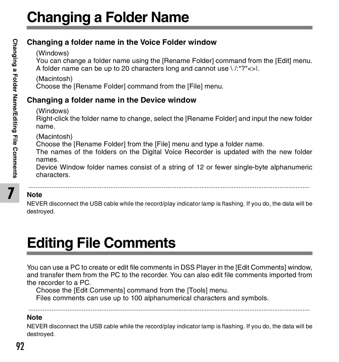 Canon DS-2 manual Changing a Folder Name, Editing File Comments, Changing a folder name in the Voice Folder window 