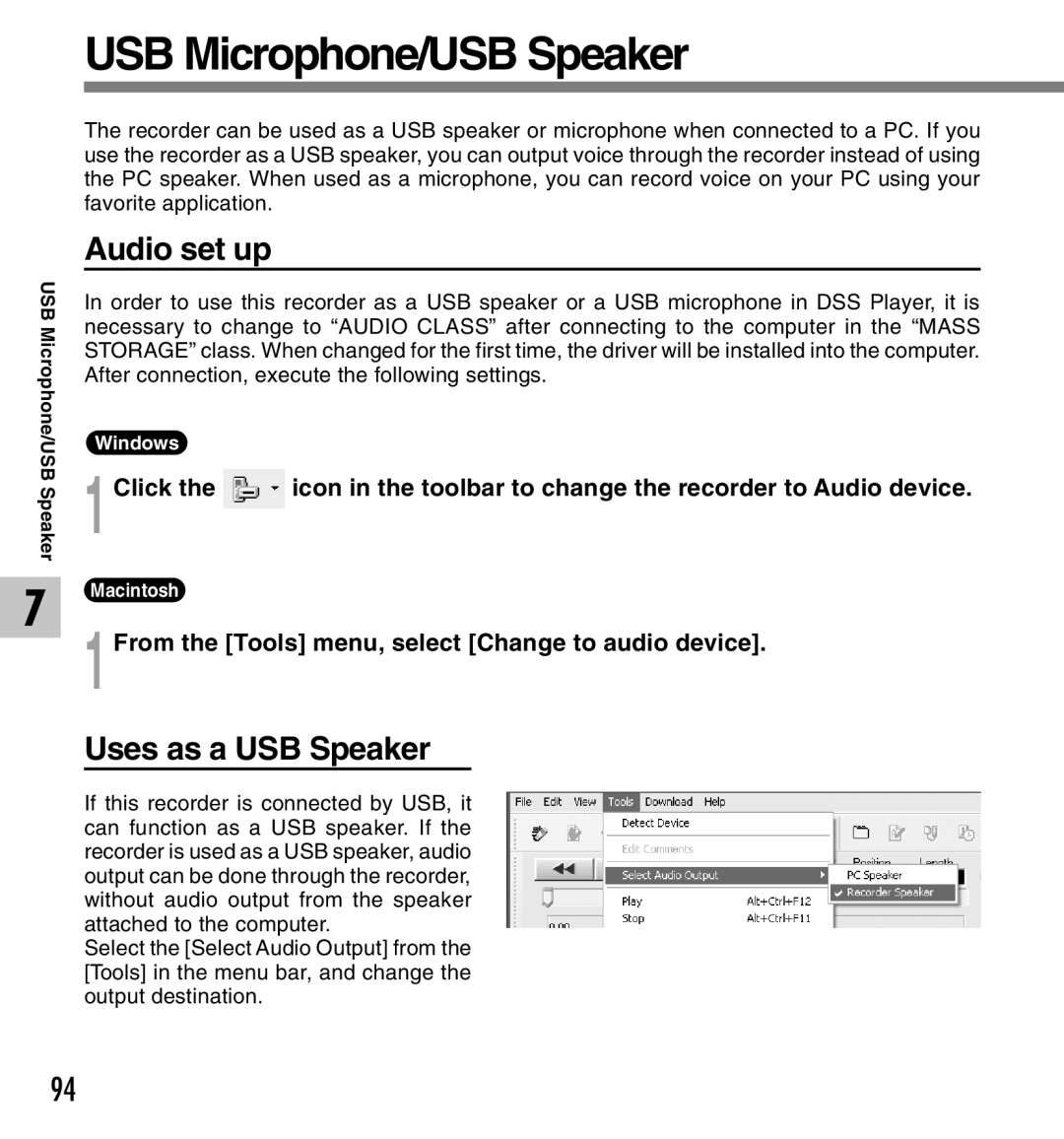 Canon DS-2 manual USB Microphone/USB Speaker, Audio set up, Uses as a USB Speaker 