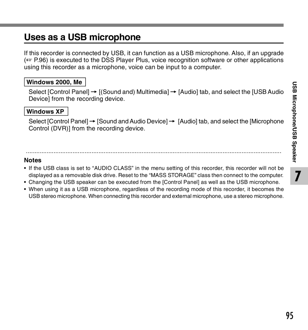 Canon DS-2 manual Uses as a USB microphone, Windows 2000, Me, Windows XP 