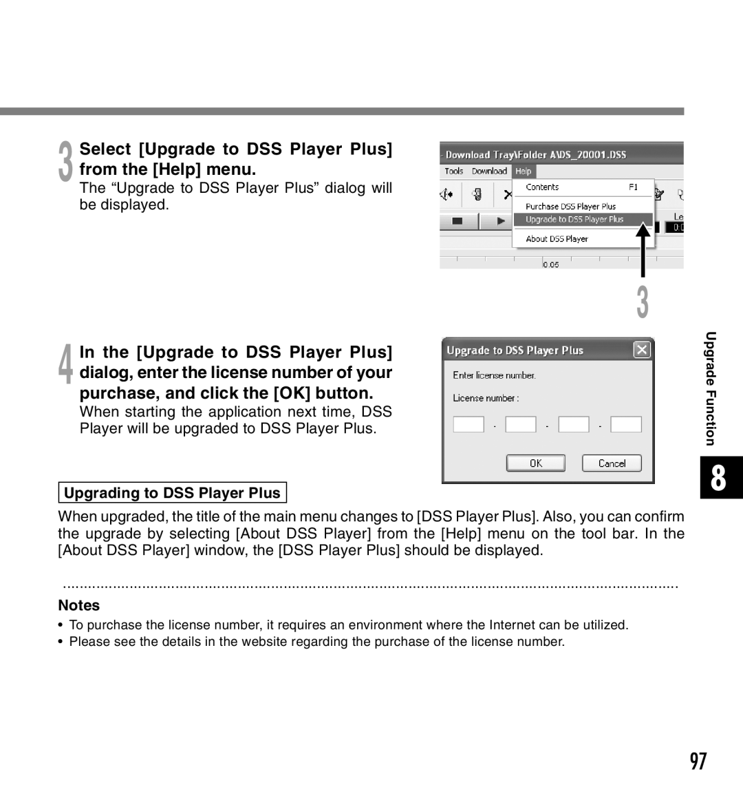 Canon DS-2 manual Select Upgrade to DSS Player Plus from the Help menu, Upgrade to DSS Player Plus dialog will be displayed 