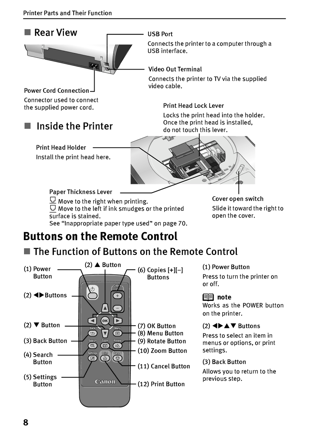 Canon DS700 manual Buttons on the Remote Control, Supplied power cord, Move to the left if ink smudges or the printed 