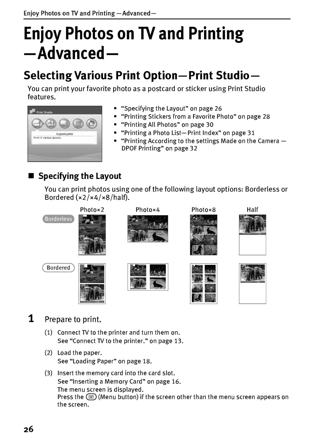 Canon DS700 manual Enjoy Photos on TV and Printing -Advanced, Selecting Various Print Option-Print Studio 