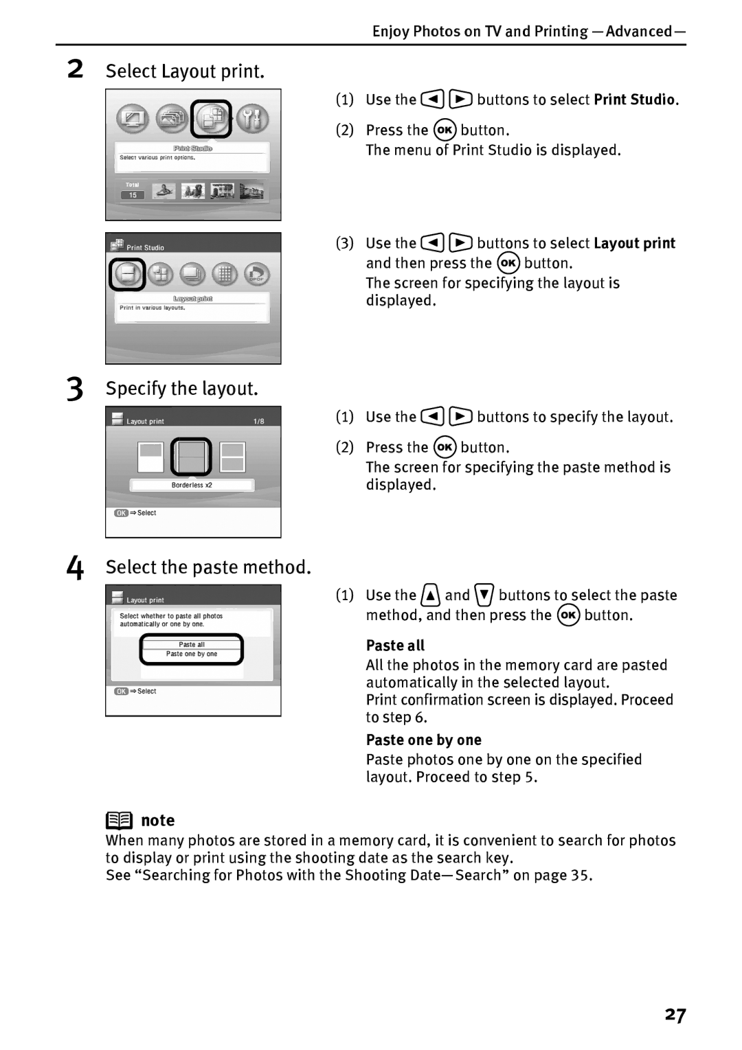 Canon DS700 manual Select Layout print, Specify the layout, Select the paste method, Paste all, Paste one by one 