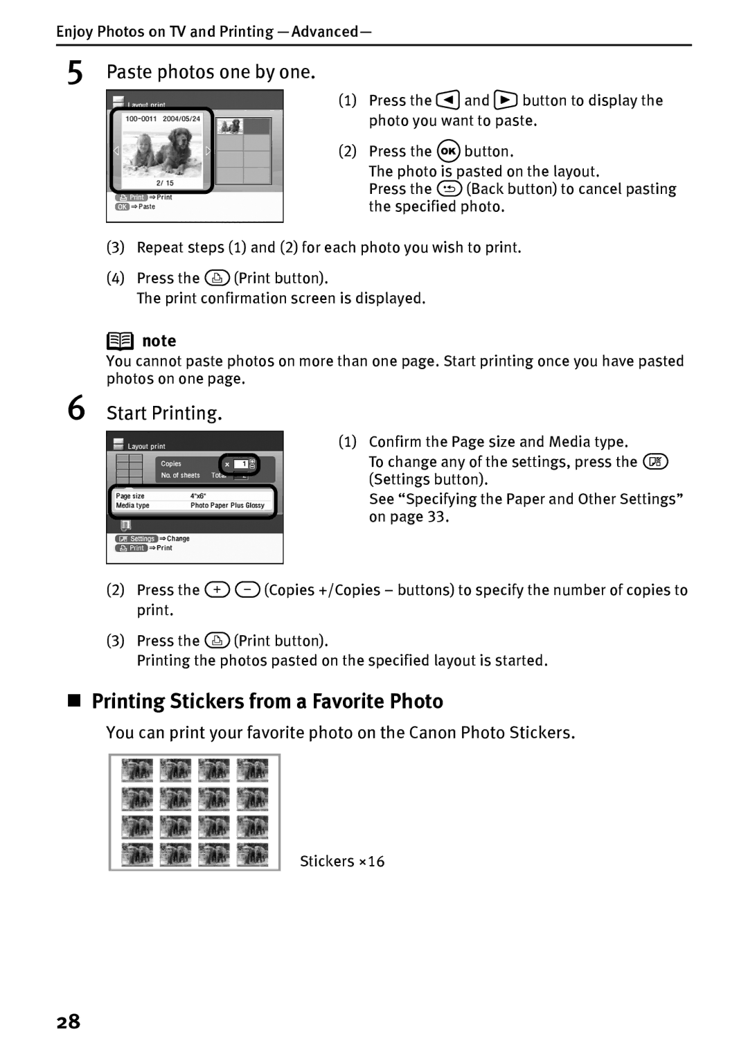 Canon DS700 manual „ Printing Stickers from a Favorite Photo, Paste photos one by one, Stickers ×16 