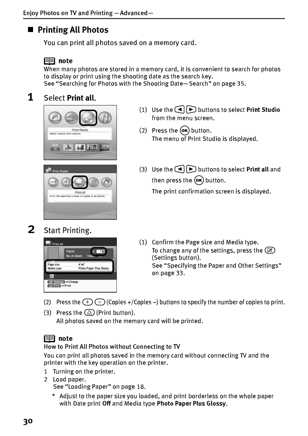 Canon DS700 manual „ Printing All Photos, Select Print all, You can print all photos saved on a memory card 