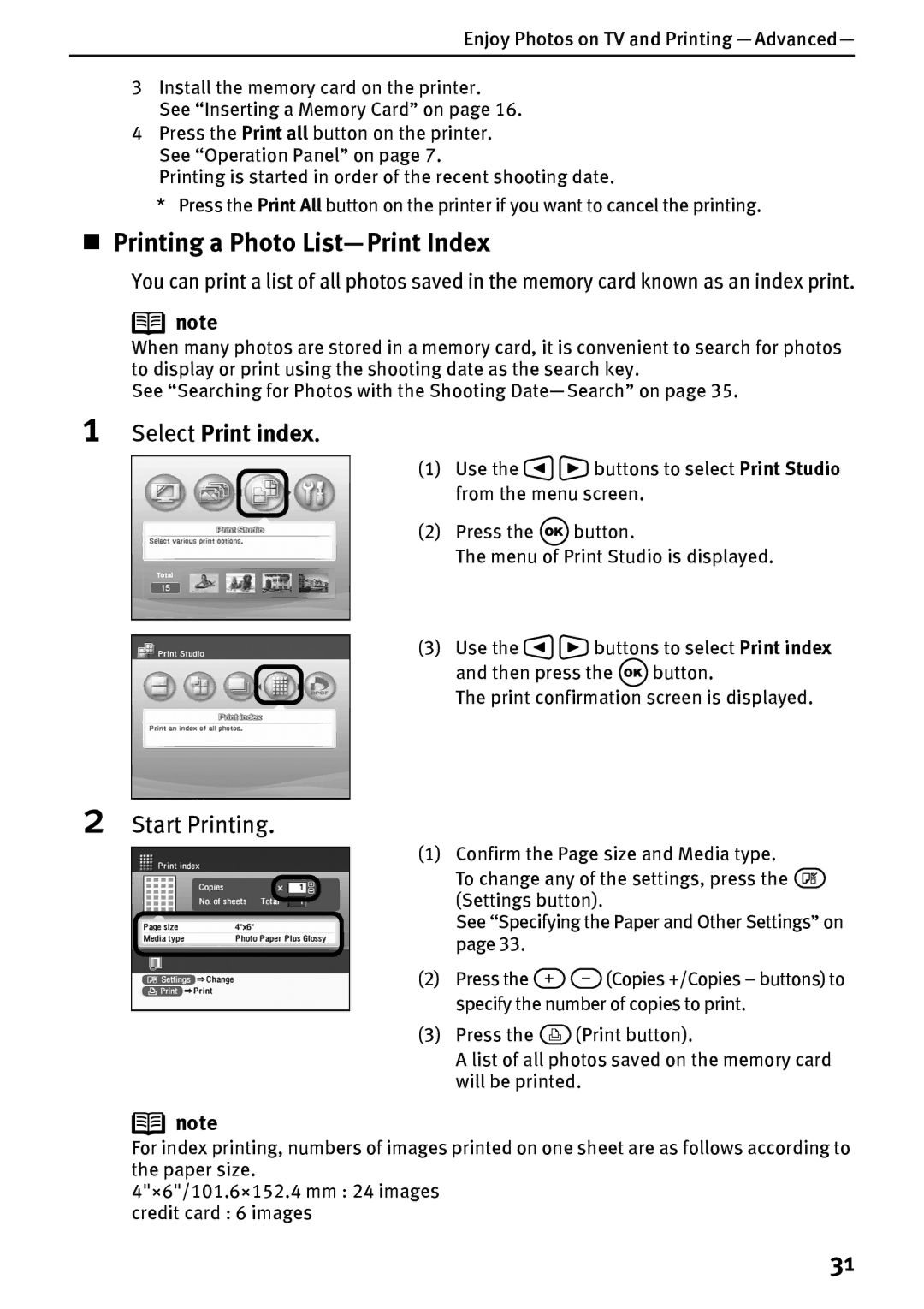 Canon DS700 manual „ Printing a Photo List-Print Index, Select Print index 