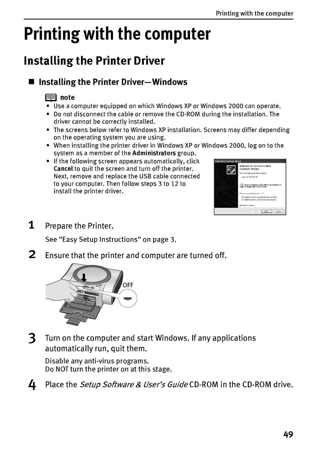 Canon DS700 manual Printing with the computer, „ Installing the Printer Driver-Windows, Prepare the Printer 