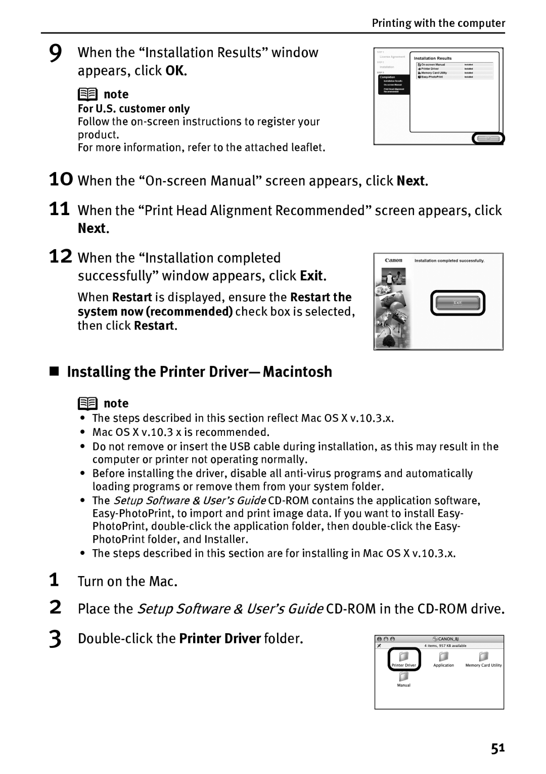 Canon DS700 manual „ Installing the Printer Driver-Macintosh, When the Installation Results window appears, click OK, Next 