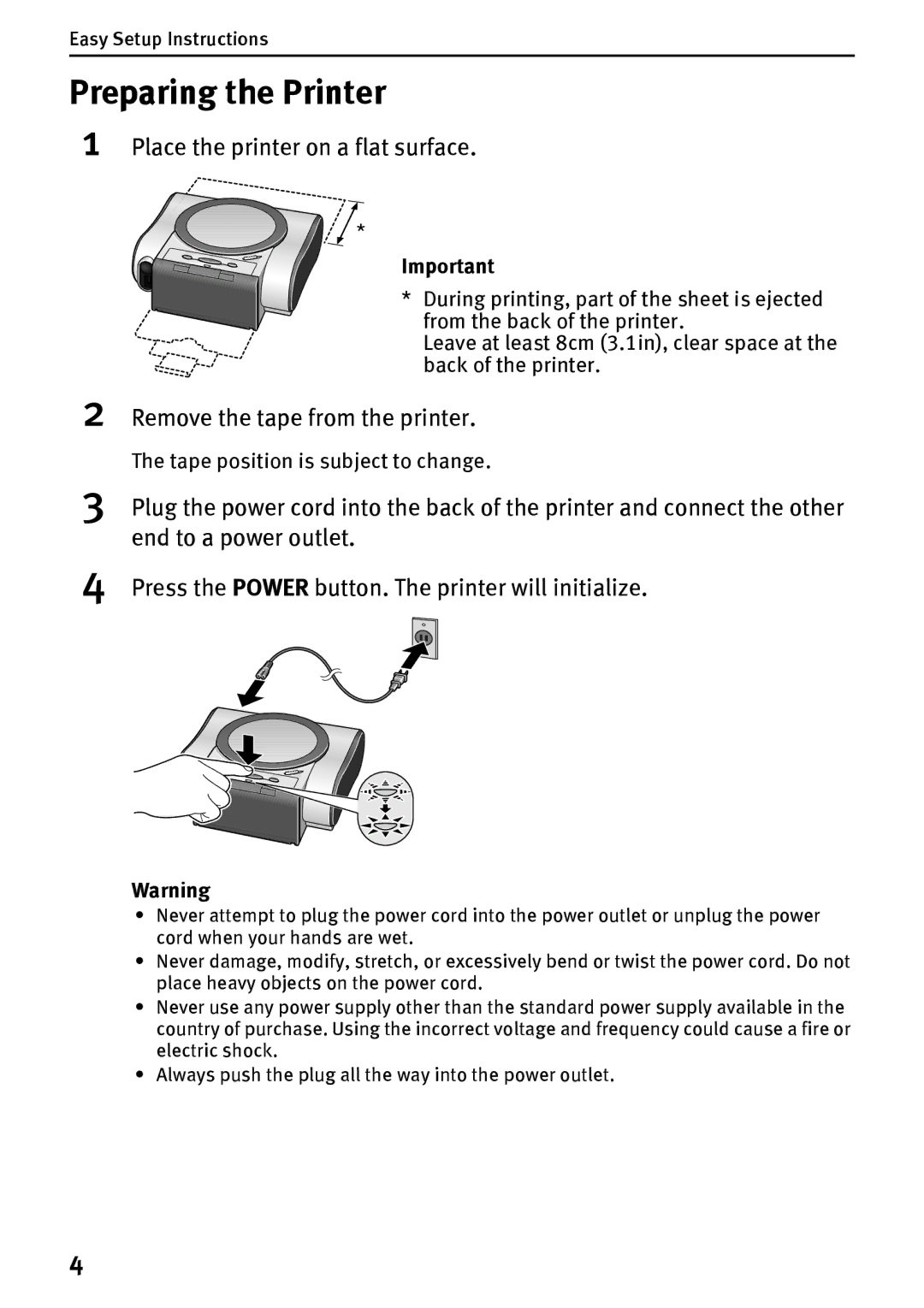 Canon DS700 manual Preparing the Printer, Place the printer on a flat surface, Remove the tape from the printer 