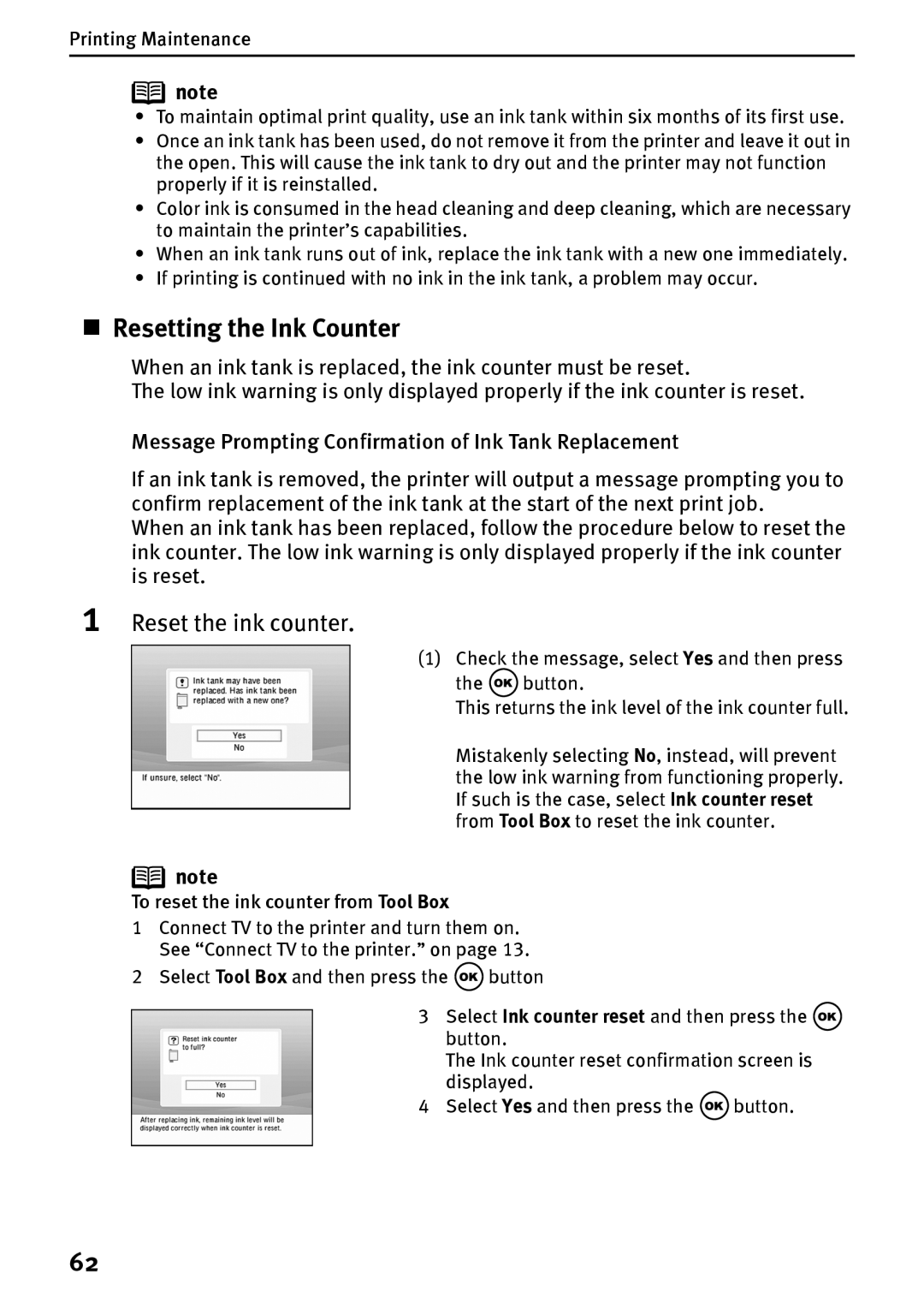 Canon DS700 manual „ Resetting the Ink Counter, Reset the ink counter, To reset the ink counter from Tool Box 