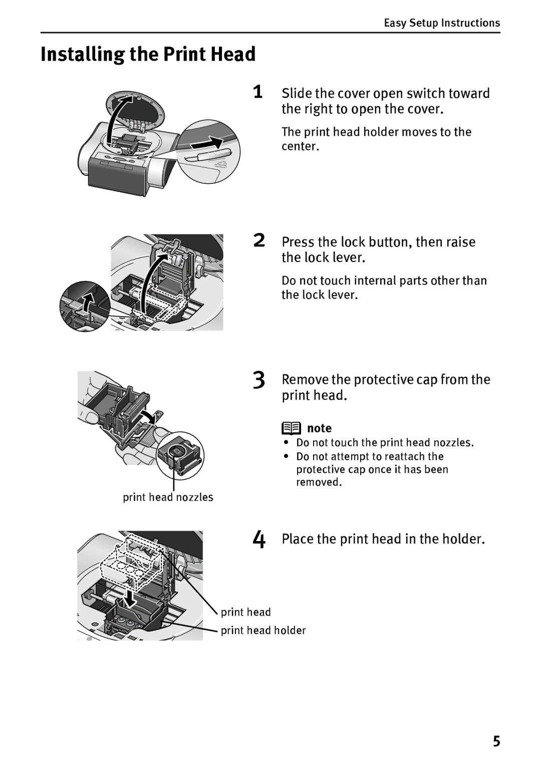 Canon DS700 manual Installing the Print Head, Press the lock button, then raise the lock lever 