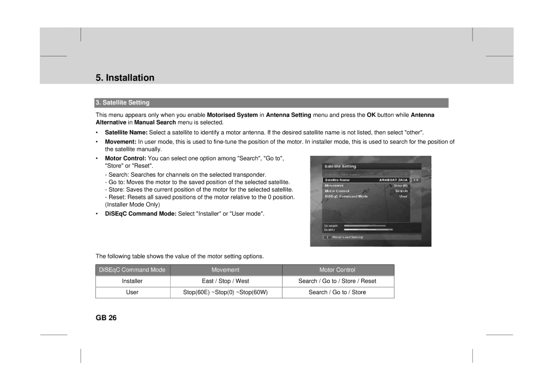 Canon DT 9500 CI user manual Satellite Setting, DiSEqC Command Mode Movement Motor Control 