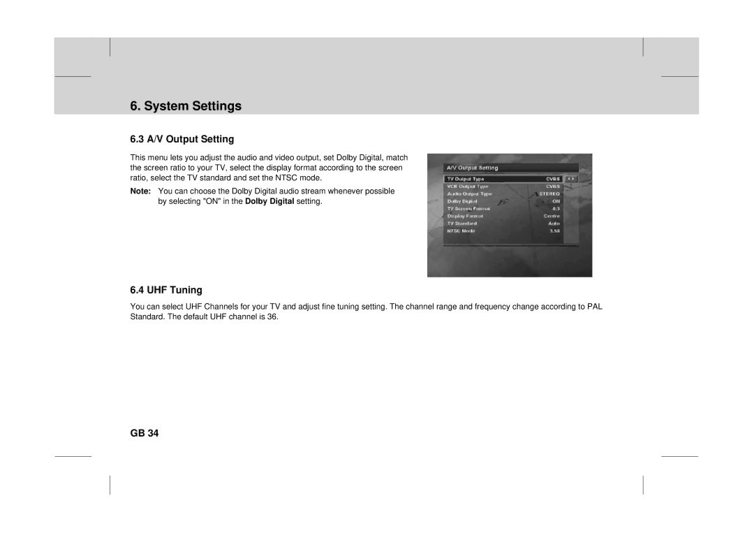 Canon DT 9500 CI user manual A/V Output Setting, UHF Tuning 