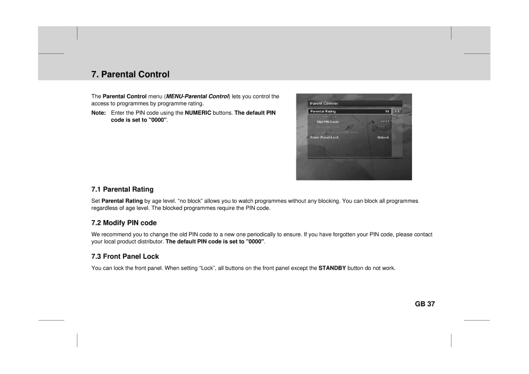 Canon DT 9500 CI user manual Parental Control, Parental Rating, Modify PIN code, Front Panel Lock 