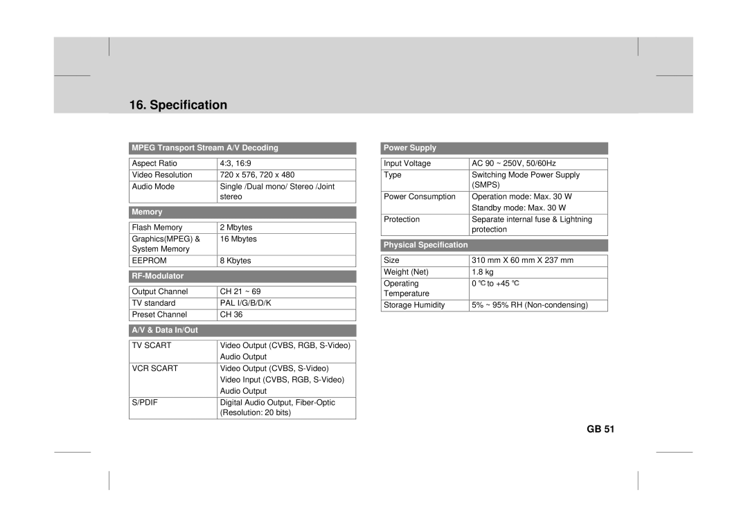 Canon DT 9500 CI user manual Specification, Mpeg Transport Stream A/V Decoding 