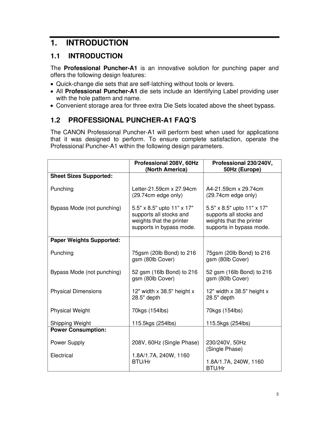 Canon DU7-1175-000 service manual Introduction, Professional PUNCHER-A1 FAQ’S 