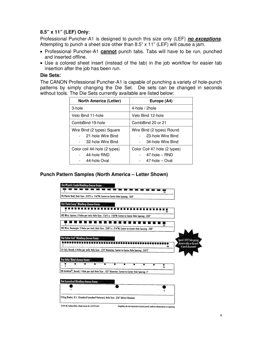 Canon DU7-1175-000 service manual X 11 LEF Only, Die Sets, Punch Pattern Samples North America Letter Shown 