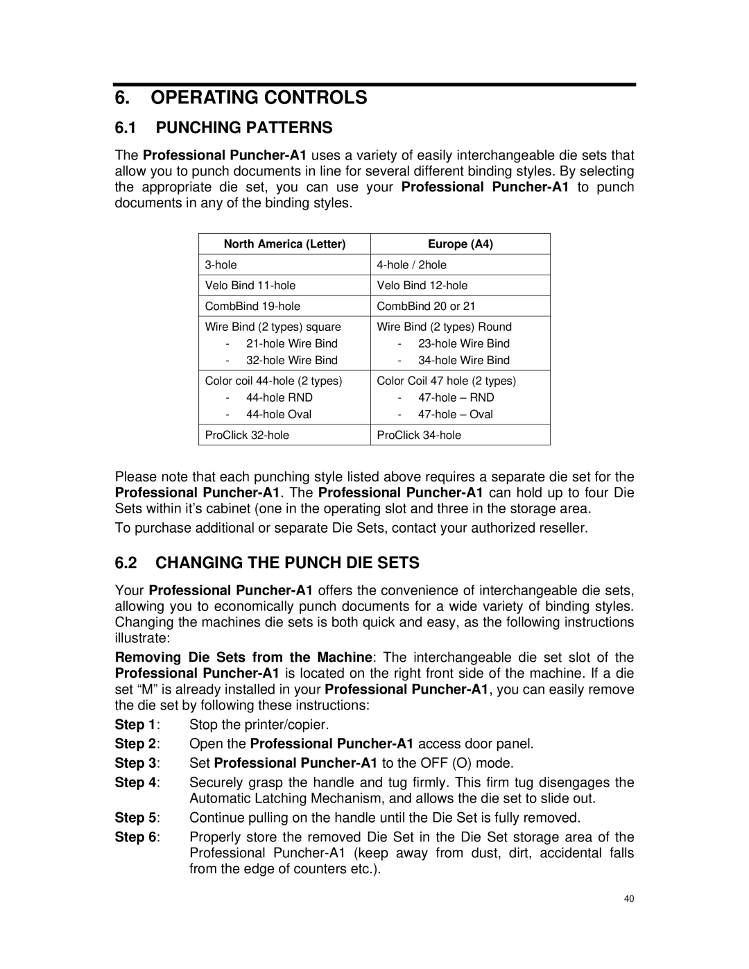 Canon DU7-1175-000 service manual Operating Controls, Punching Patterns, Changing the Punch DIE Sets 