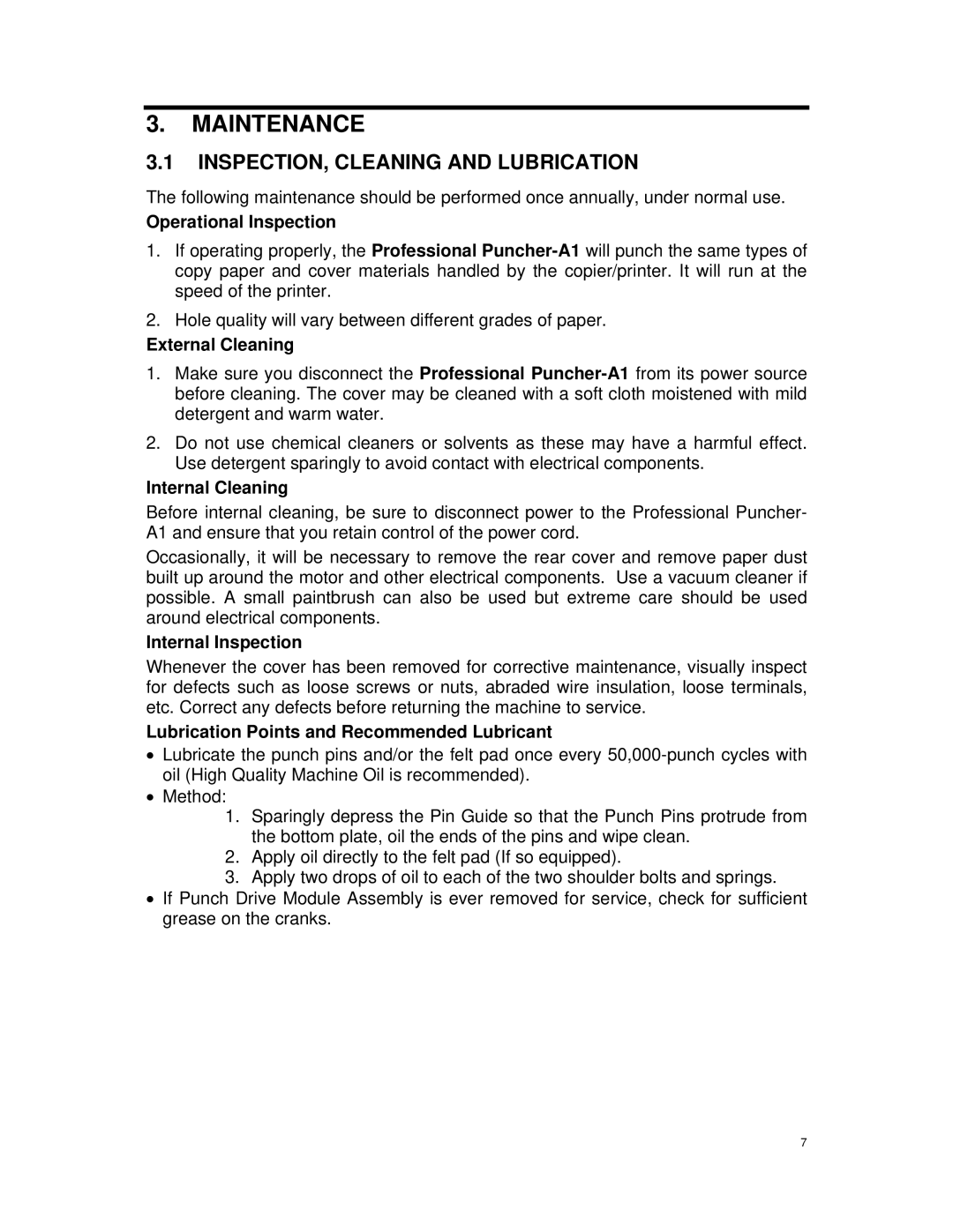 Canon DU7-1175-000 service manual Maintenance, INSPECTION, Cleaning and Lubrication 