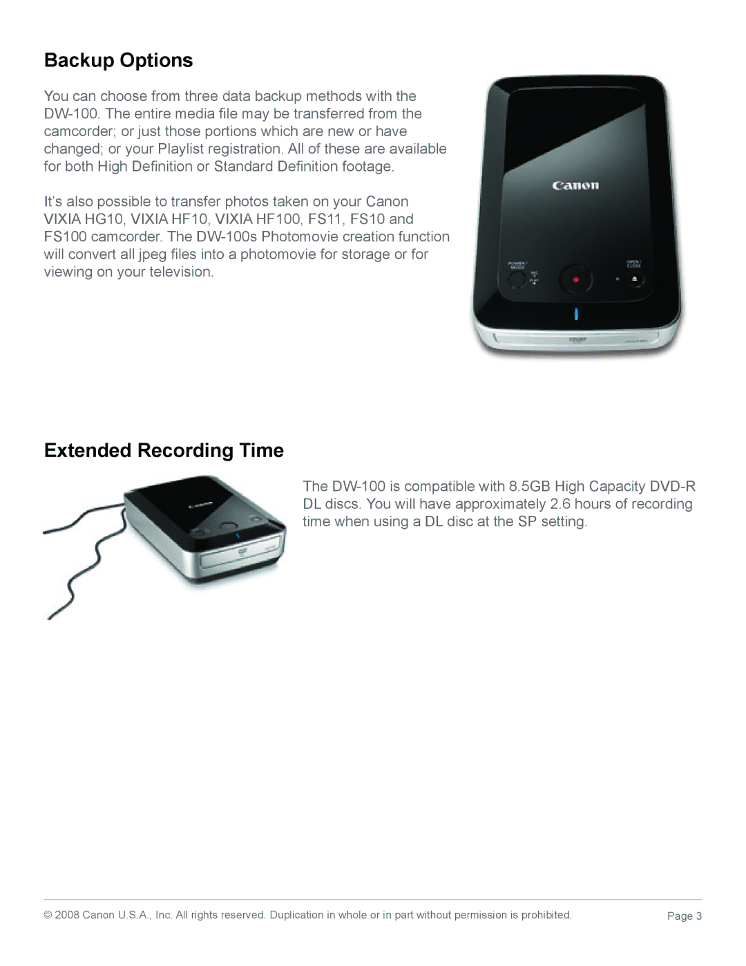 Canon DW-100 manual Backup Options, Extended Recording Time 