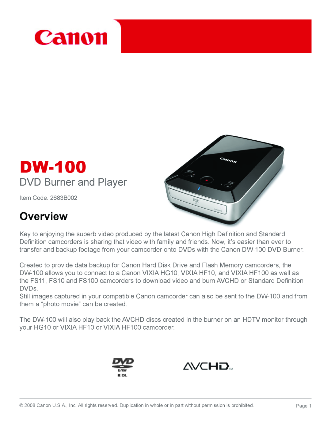 Canon DW-100 manual Overview, DVD Burner and Player 