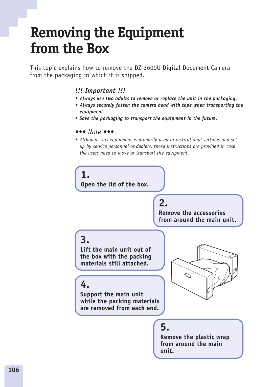 Canon DZ3600u manual Removing the Equipment from the Box, Remove the plastic wrap from around the main unit 106 