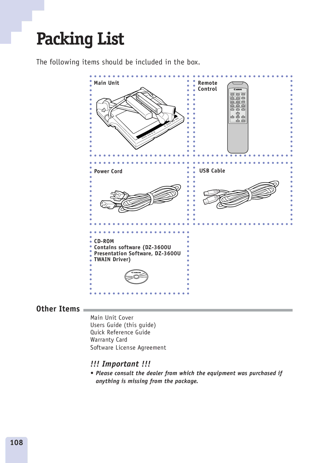 Canon DZ3600u manual Packing List, 108 