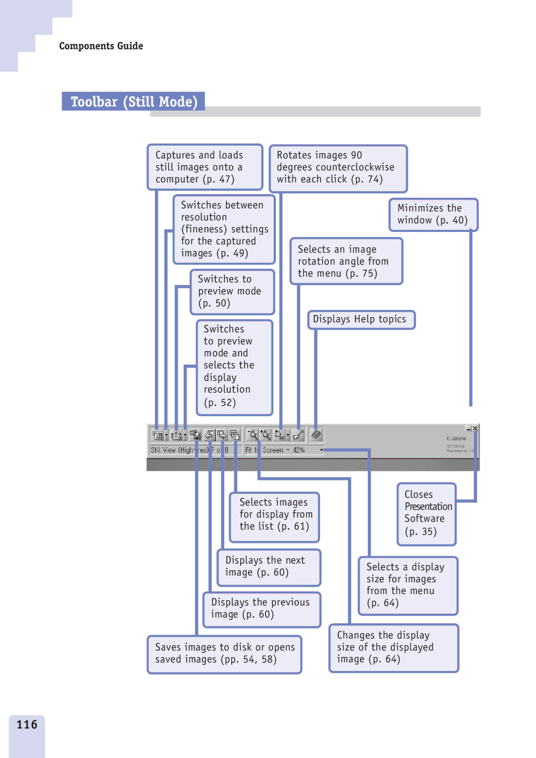 Canon DZ3600u manual Toolbar Still Mode, 116 