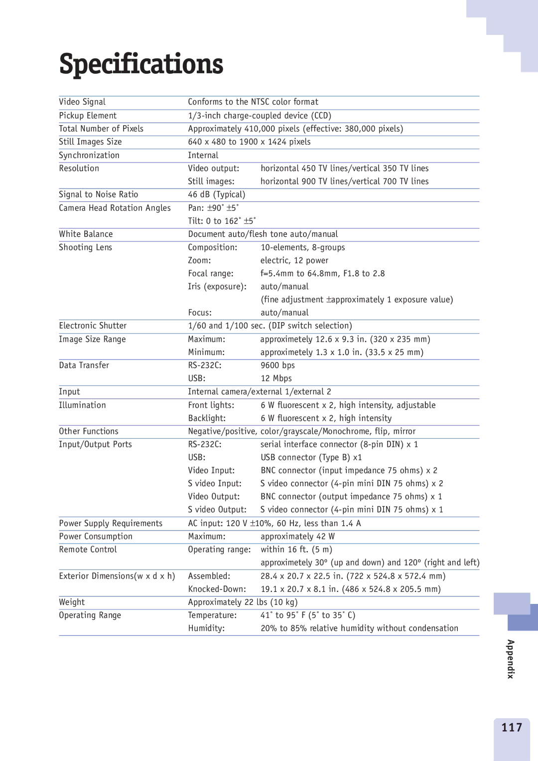 Canon DZ3600u manual Specifications, 117 