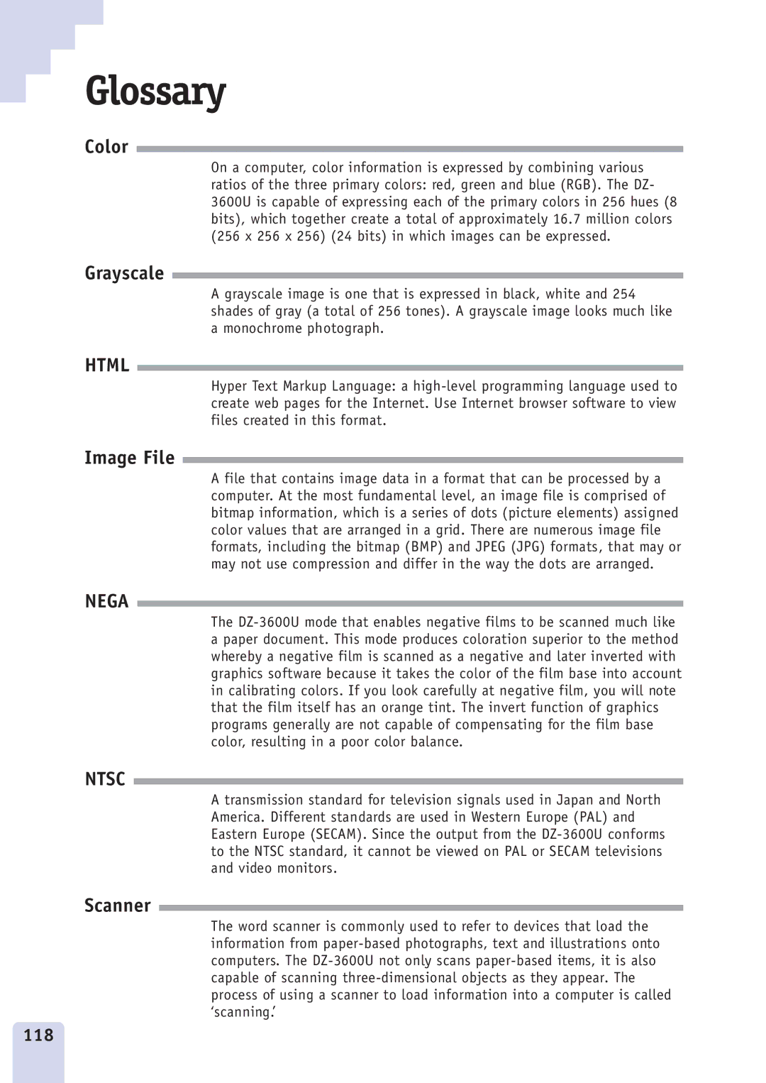 Canon DZ3600u manual Glossary, 118 