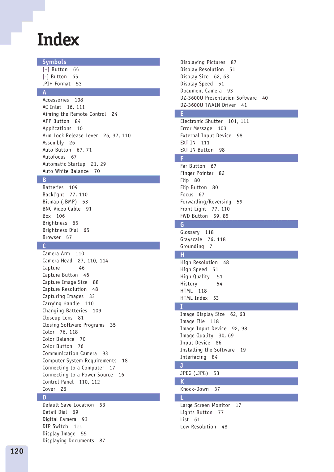 Canon DZ3600u manual Index, 120 