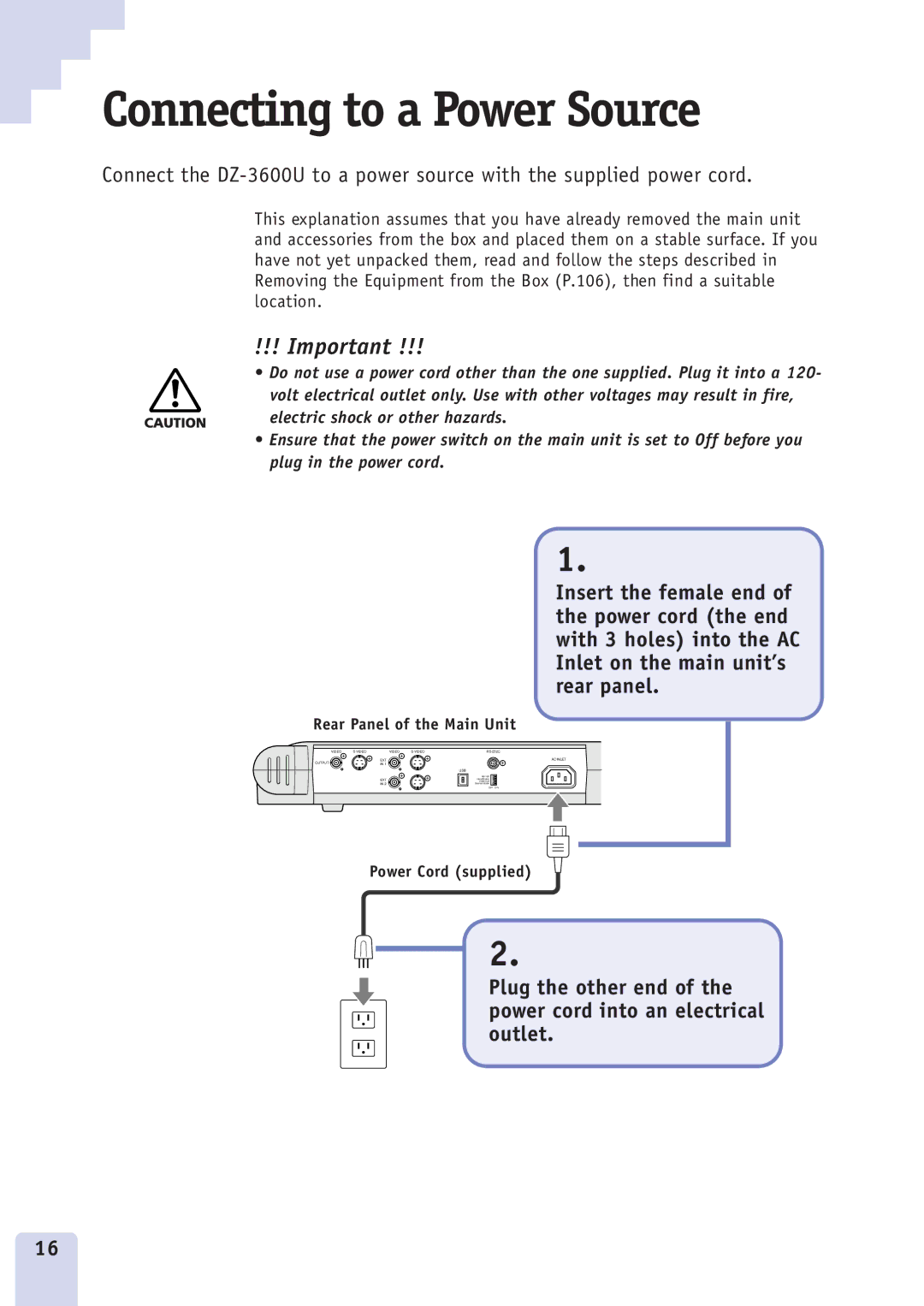 Canon DZ3600u manual Connecting to a Power Source 