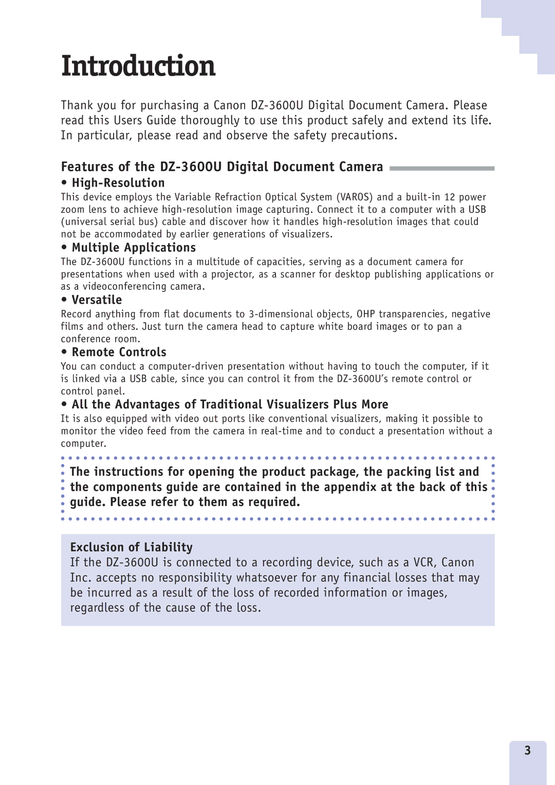 Canon DZ3600u manual Introduction 