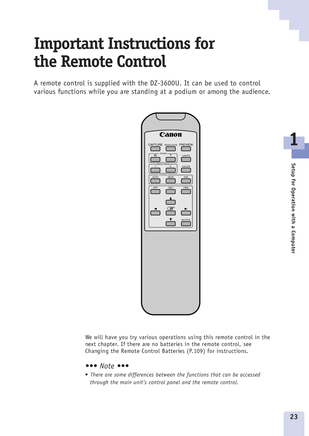 Canon DZ3600u manual Important Instructions for the Remote Control 