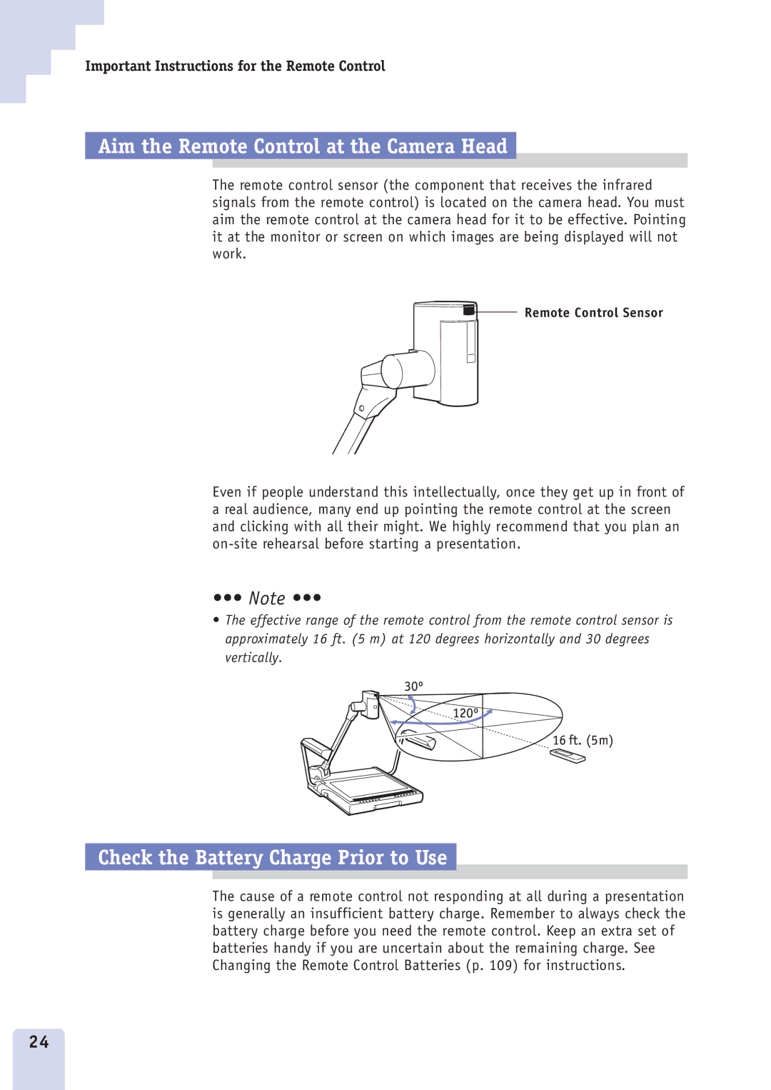 Canon DZ3600u manual Aim the Remote Control at the Camera Head, Check the Battery Charge Prior to Use 